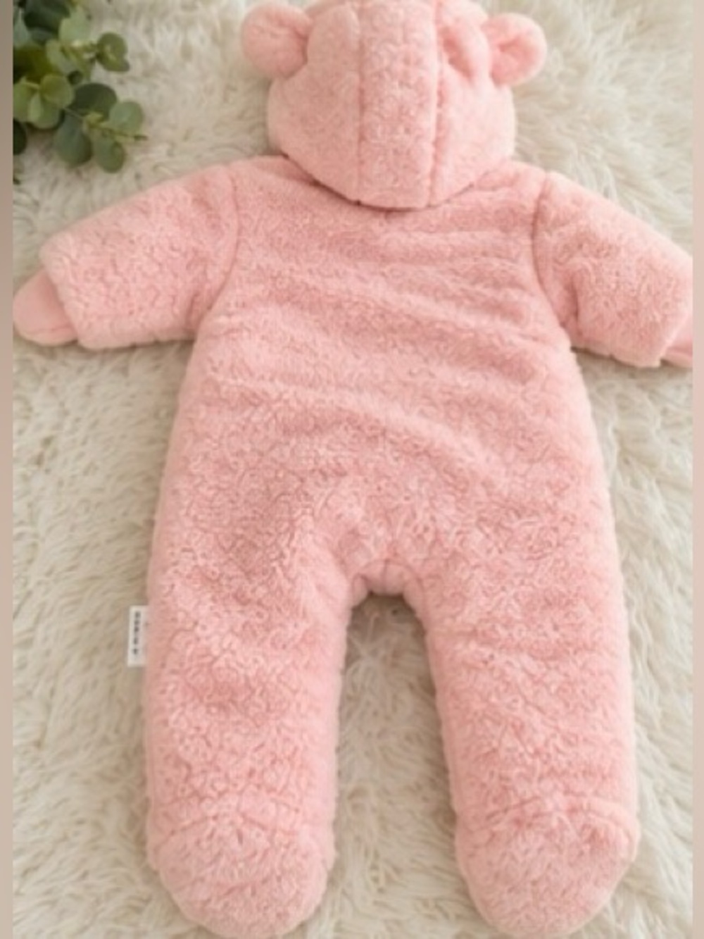 NWOT Pink Sherpa Baby Bear Hooded Snowsuit 0-3M Footed Bunting Cozy Winter - Picture 3 of 13